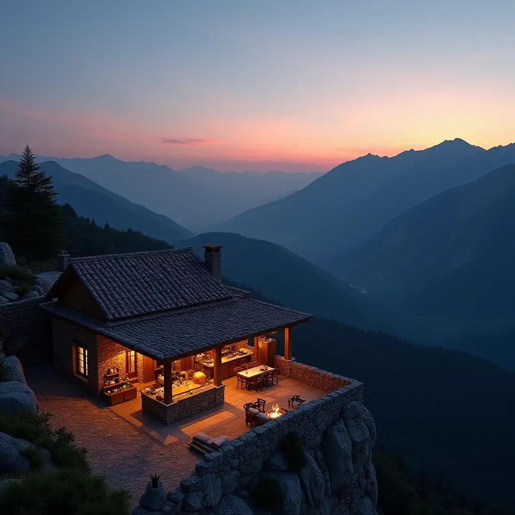 traditional flat tavern in mountain landscape, dusk, atmospheric, view from a high place