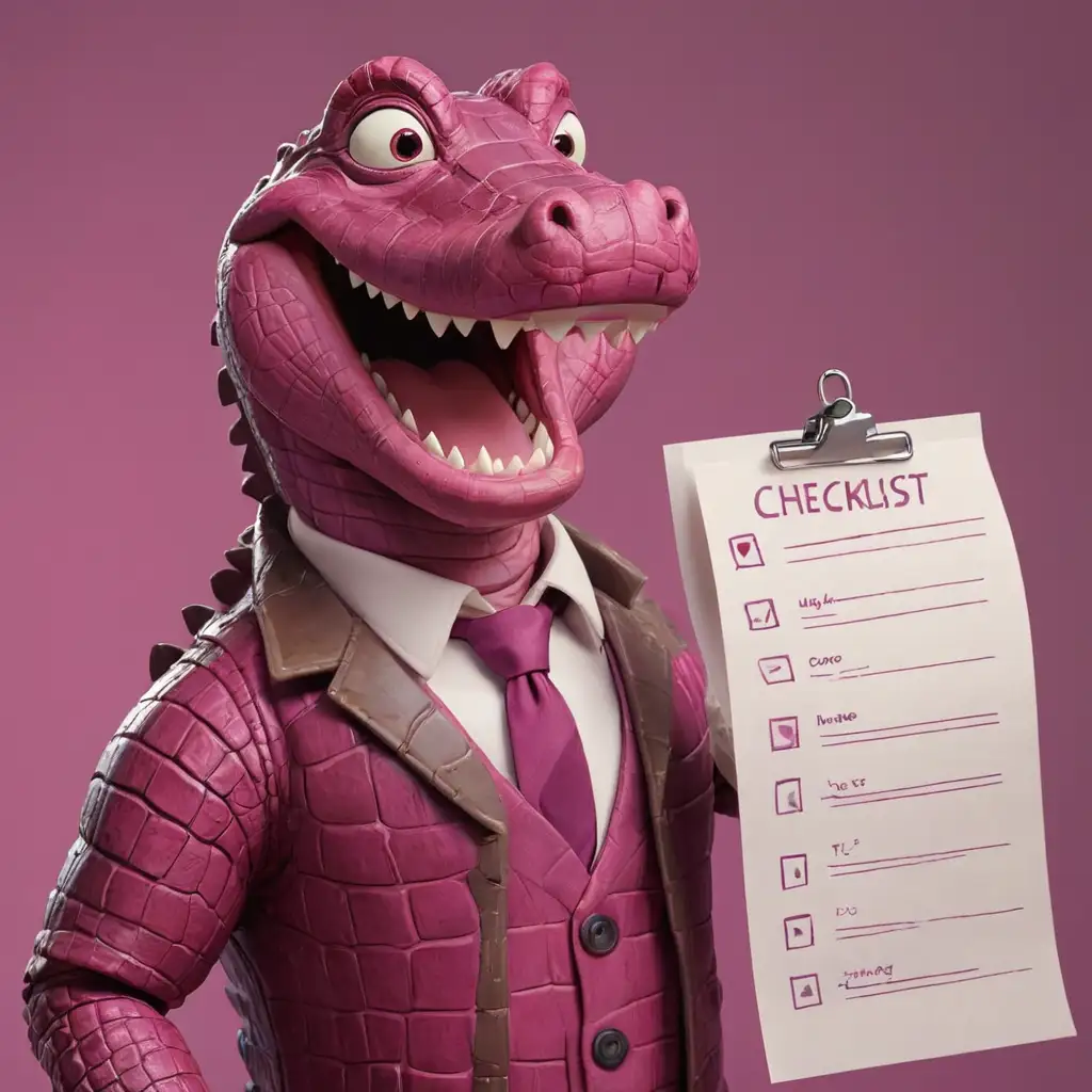 Cheerful Magenta Crocodile with a Checklist and Tie