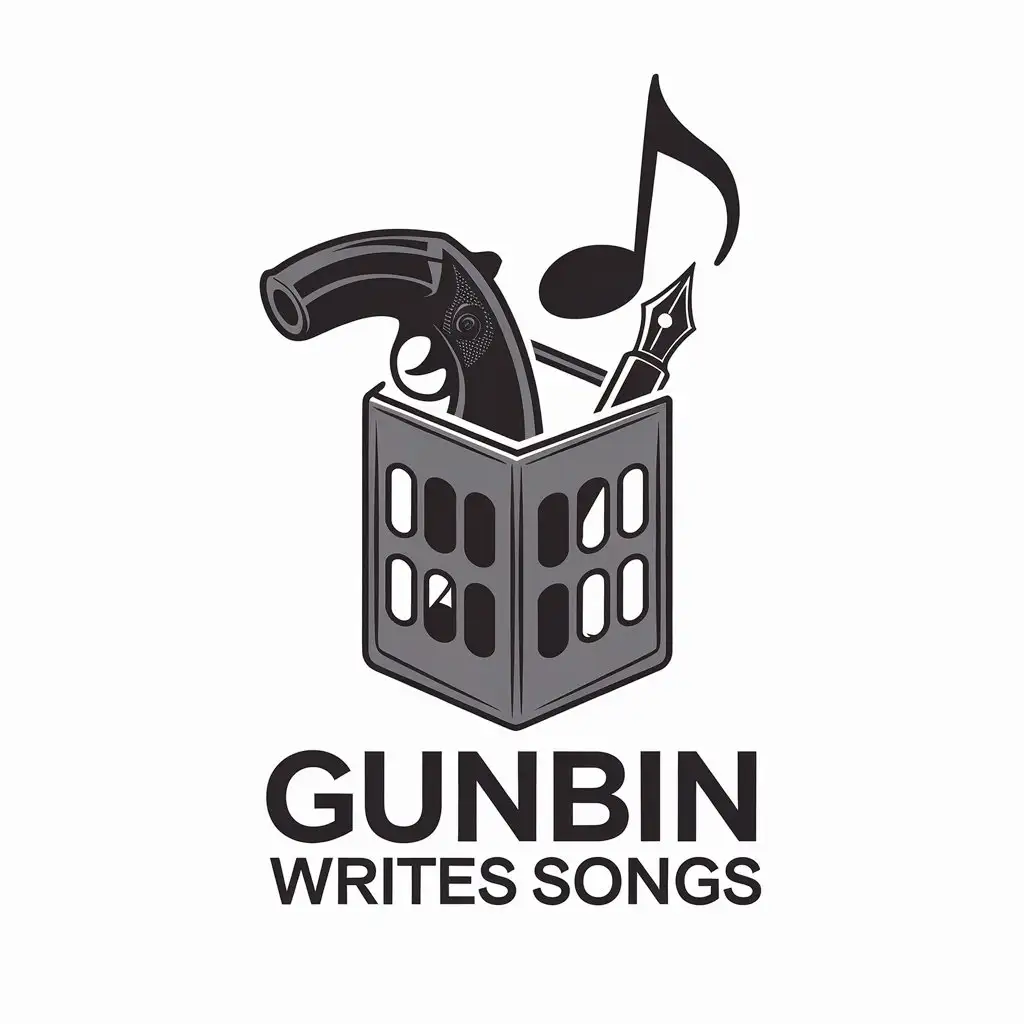 a vector logo design,with the text "GUNBIN WRITES SONGS", main symbol:The butt of the gun in the bin, a fountain pen, a musical note,Moderate,clear background