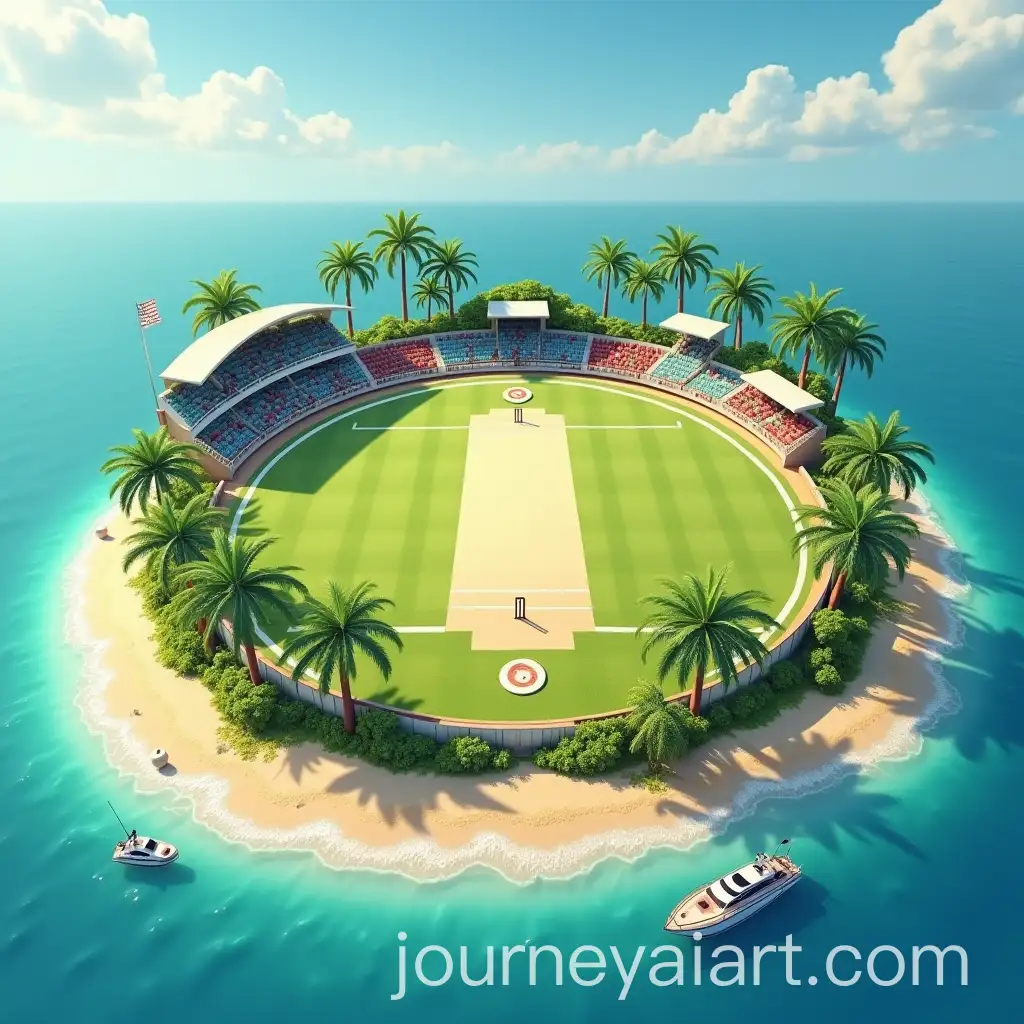 Cricket-Stadium-with-Pitches-on-Mini-Island-Coconut-Trees-and-Yacht