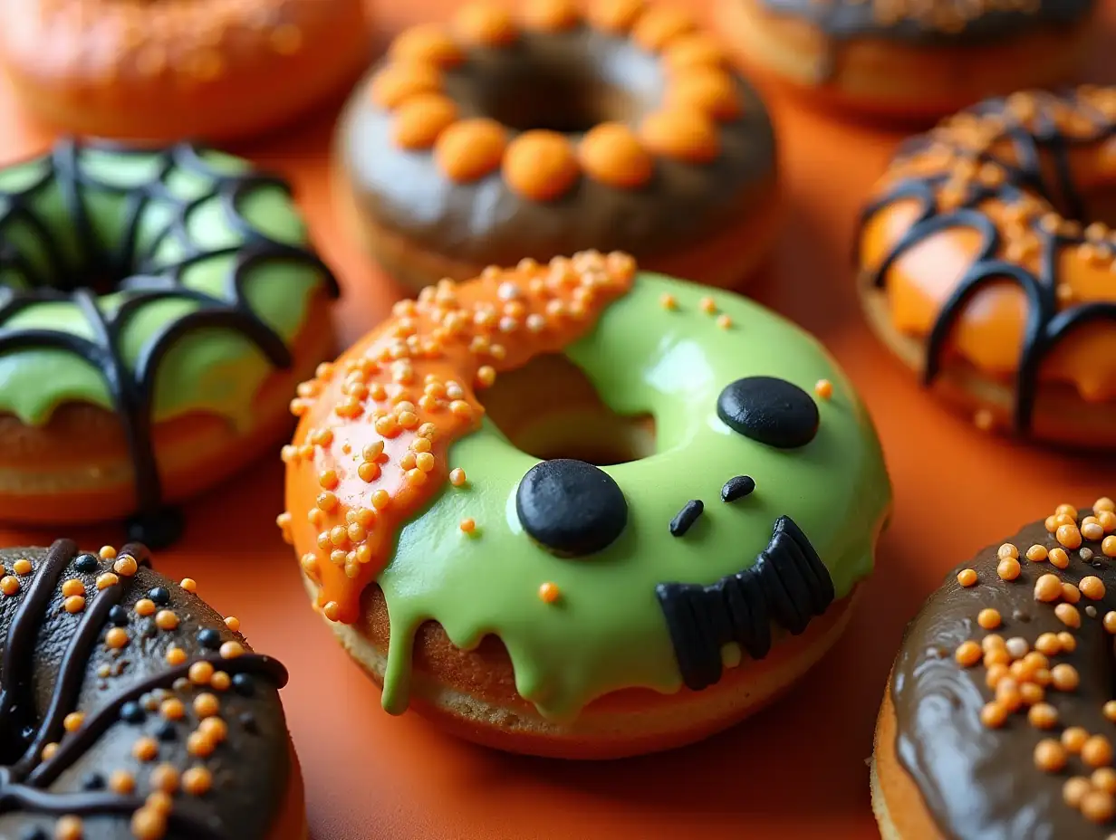 Spooky-Halloween-Donuts-with-Zombie-Pumpkin-and-Spider-Web