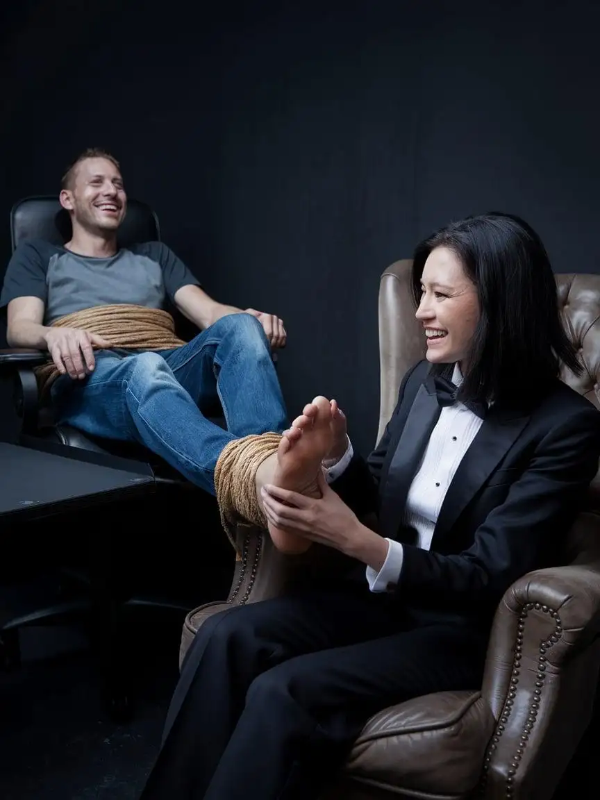 Young-Man-Bound-in-Laughter-as-a-Seductive-Woman-Tickles-His-Feet