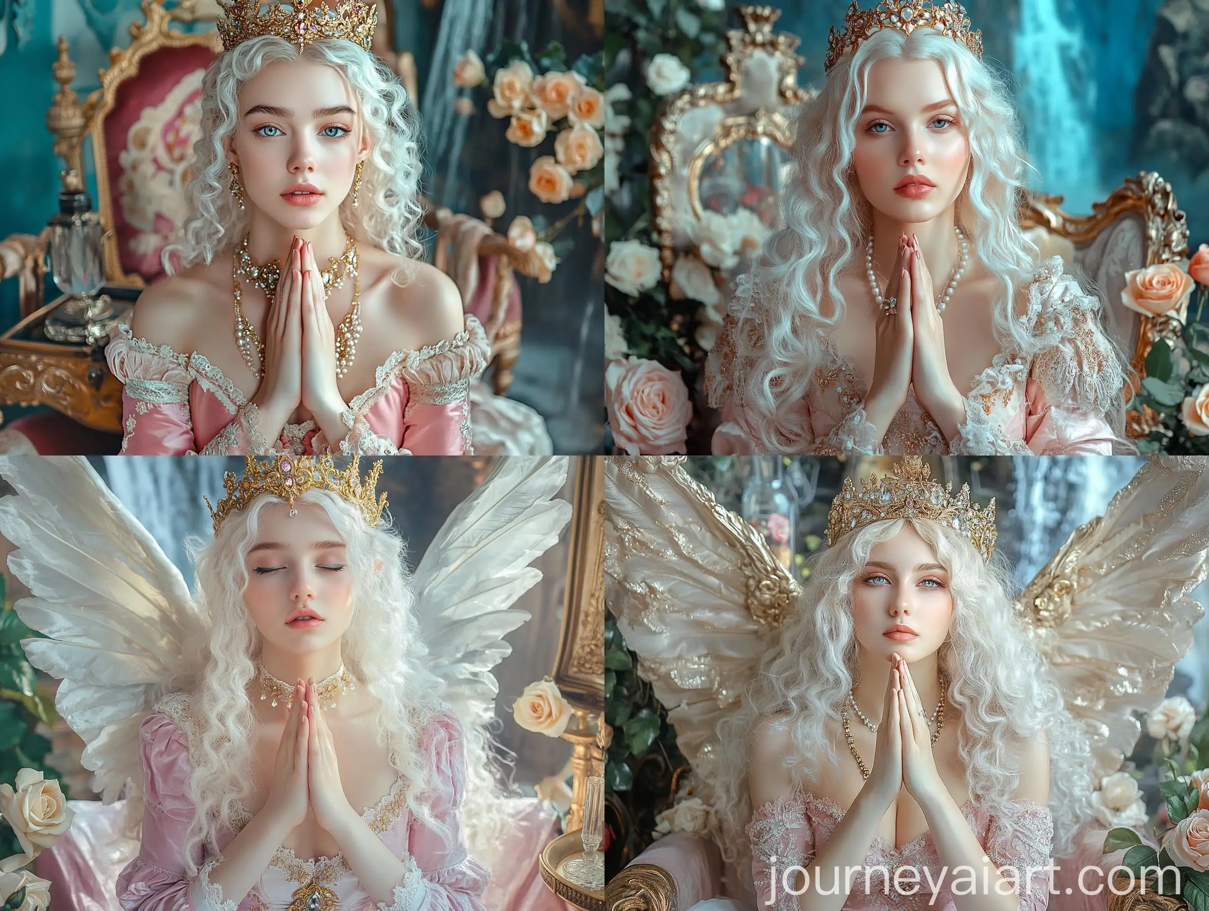 Medieval-Fairy-Princess-with-Golden-Crown-and-Wings-in-Castle-Garden