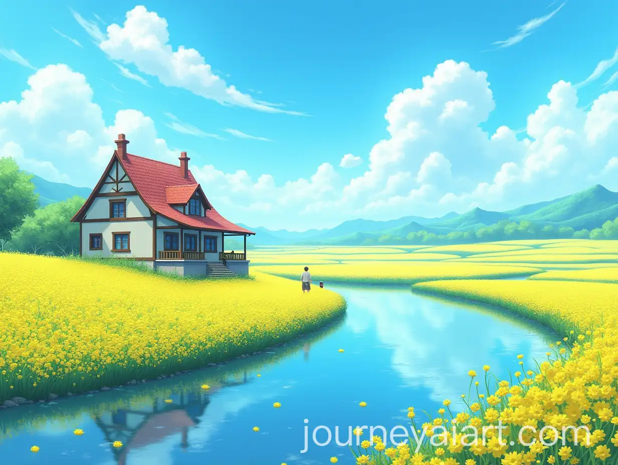 Anime-Cafe-House-by-a-Blooming-Canola-Field-with-River-and-Fluffy-Clouds