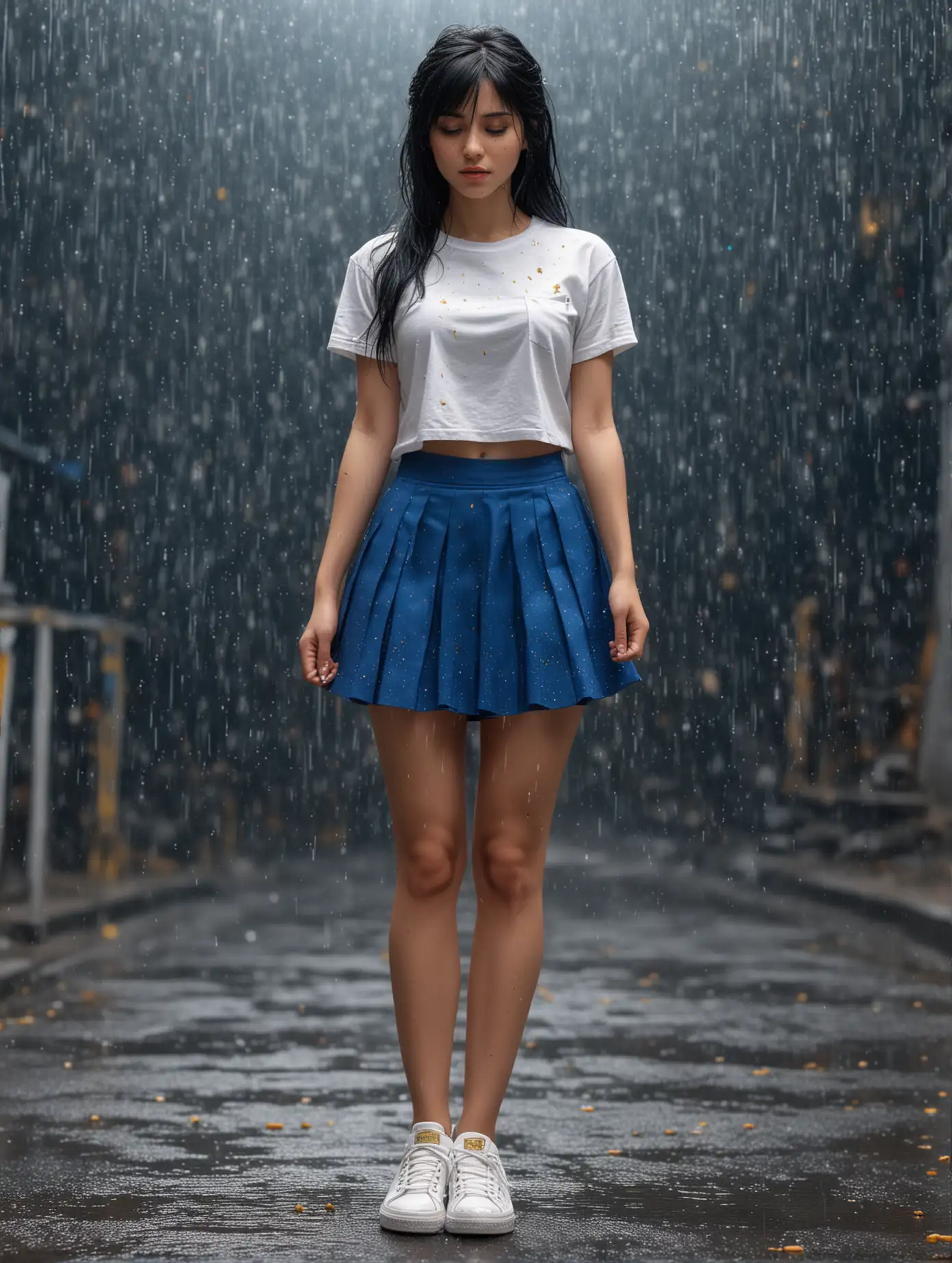 Young-Woman-in-Blue-Skirt-Standing-in-Golden-Sparkling-Rain