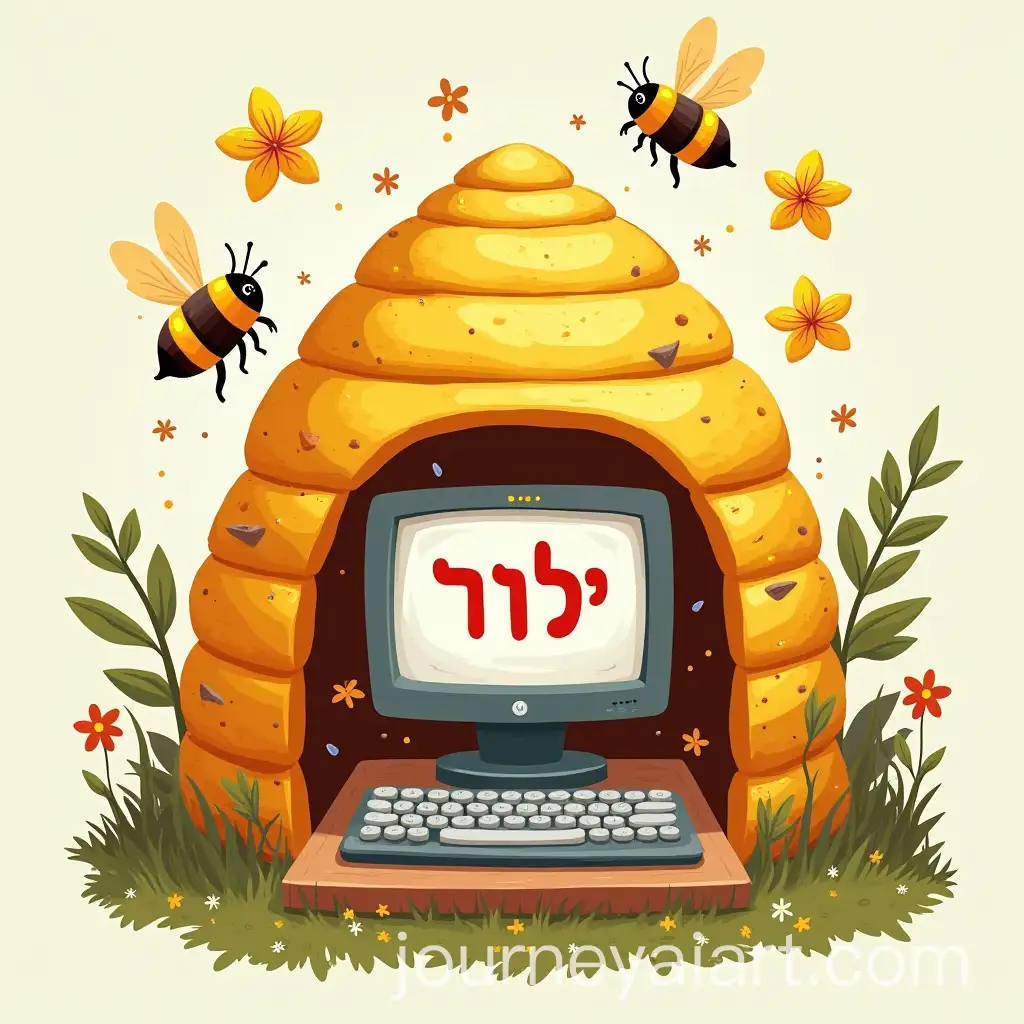 Beehive-with-Computer-Screen-and-KeyboardAI-Image-Prompt-Expansion-Featuring-Hebrew-Greeting