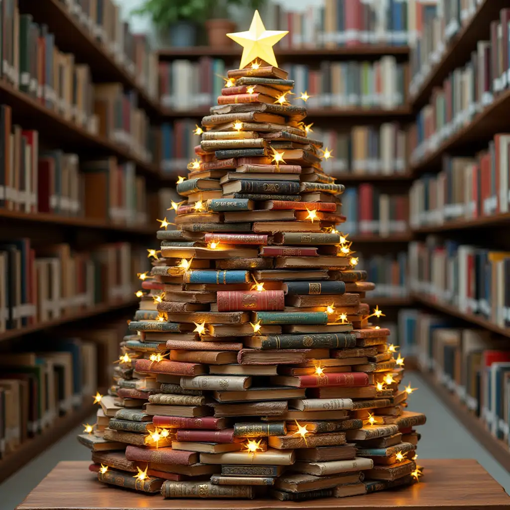 Make me a Christmas tree made of books in a library