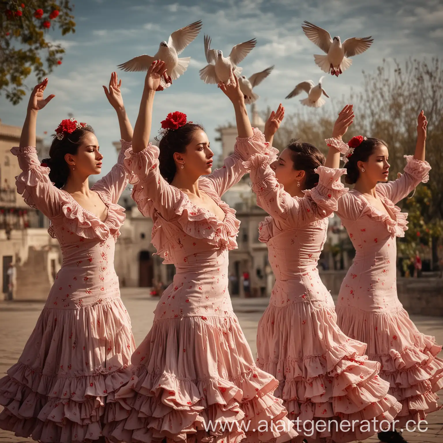 Passionate-Spanish-Girls-Dancing-Flamenco-with-Floweradorned-Dresses