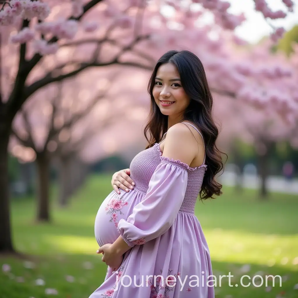 Pregnant-Woman-in-Lavender-Dress-Posing-by-Cherry-Blossom-Tree-in-Maternity-Photoshoot
