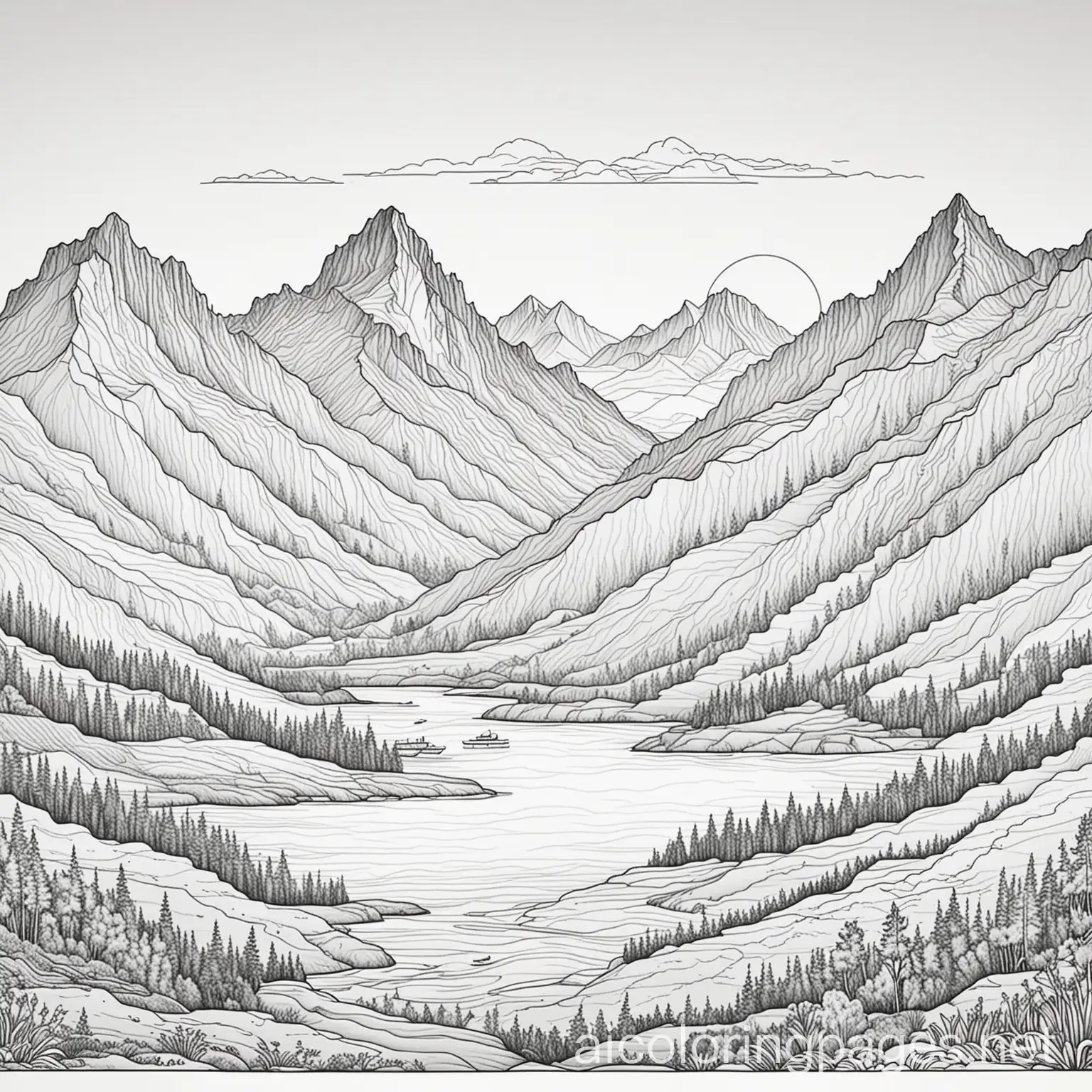 oceans and mountains, Coloring Page, black and white, line art, white background, Simplicity, Ample White Space. The background of the coloring page is plain white to make it easy for young children to color within the lines. The outlines of all the subjects are easy to distinguish, making it simple for kids to color without too much difficulty