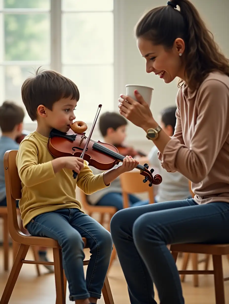 a female violin teacher and a little boy who is her student are sitting in chairs next to each other in a violin classroom. The little boy is eating a donut and the violin teacher is drinking a cup of coffee