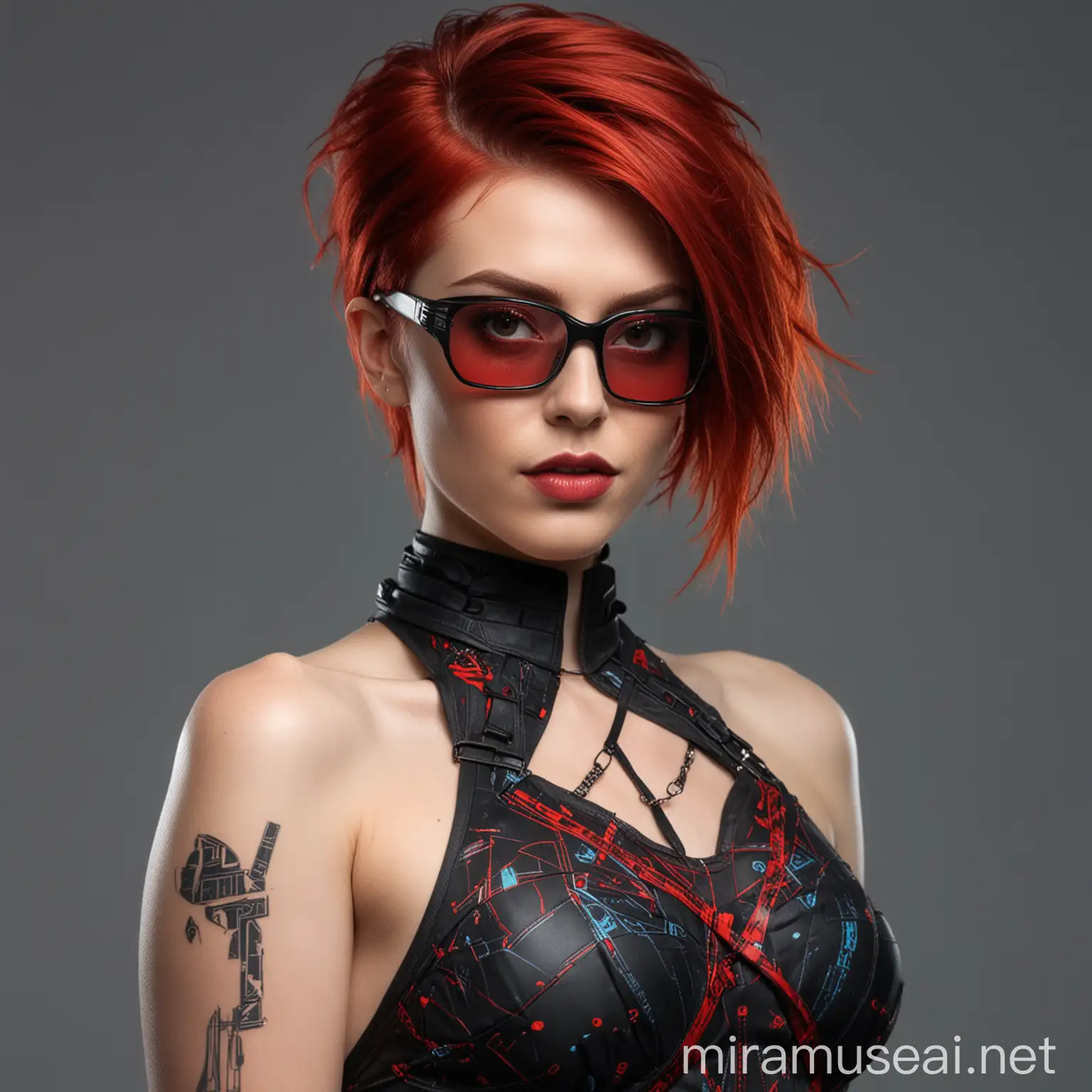 Cyberpunk Woman with Scarlet Hair and Norse Fantasy Dress