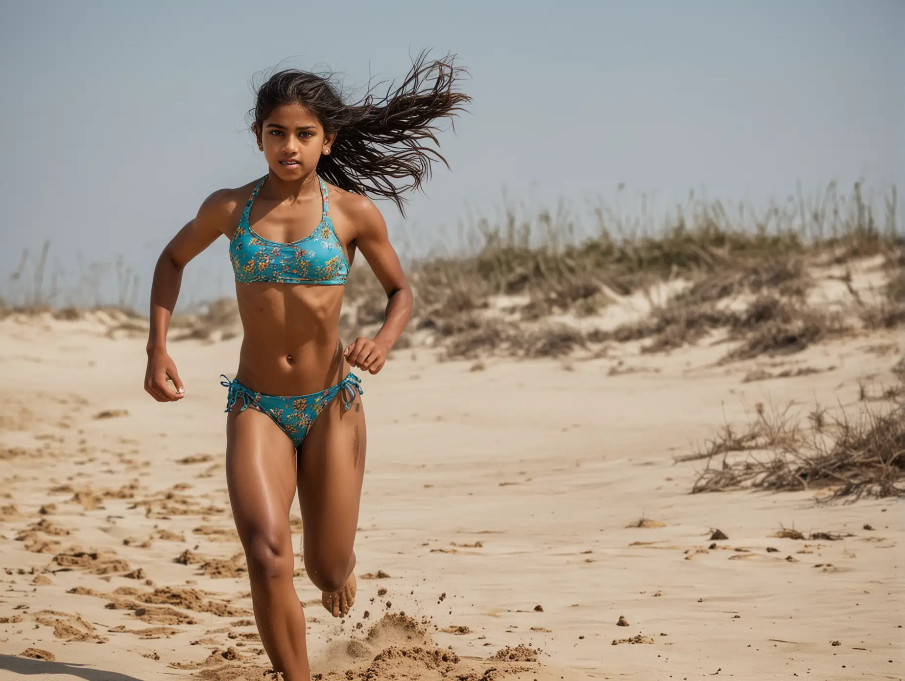 15 year old Indian girl, muscular, wearing a bikini, running in sand