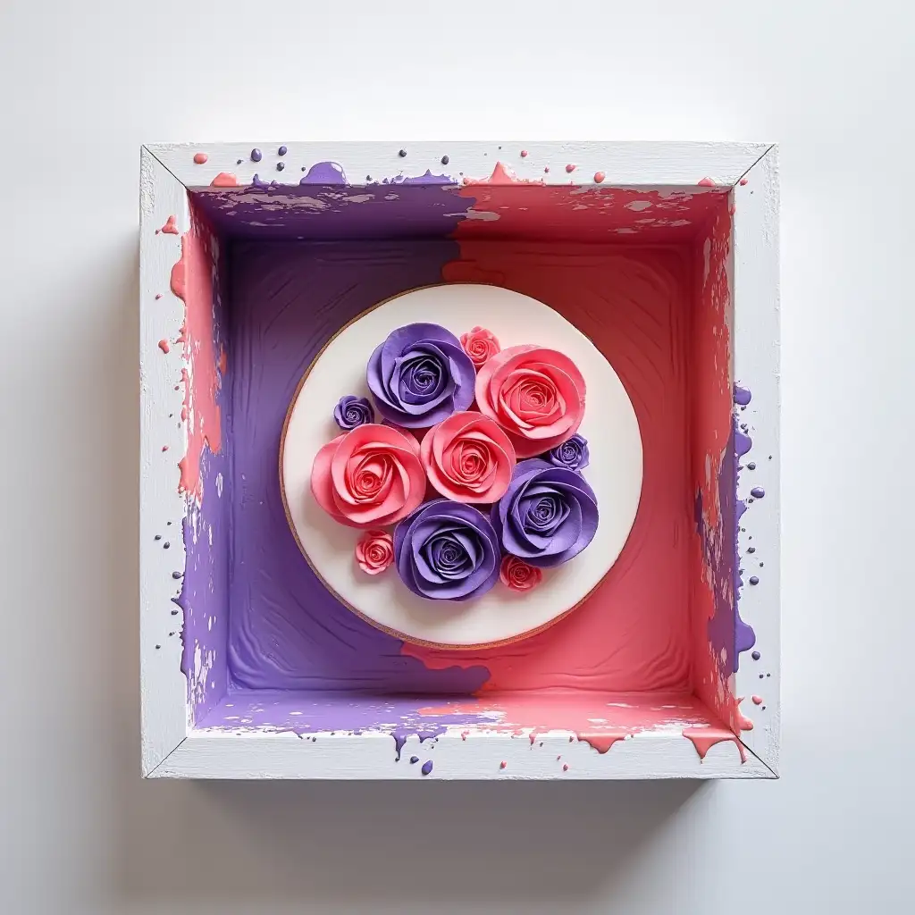 imagine, top view, thick white square wooden box with vibrant purple and coral icing splattered inside and out, round white cake inside with six vibrant purple and coral colored melted roses