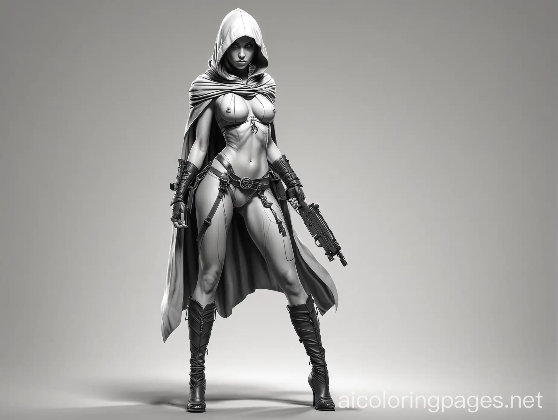 line art, black on white, simplicity, full body shot, voluptuous naked female hooded assassin. standing in the dark., Coloring Page, black and white, line art, white background, Simplicity, Ample White Space. The background of the coloring page is plain white to make it easy for young children to color within the lines. The outlines of all the subjects are easy to distinguish, making it simple for kids to color without too much difficulty