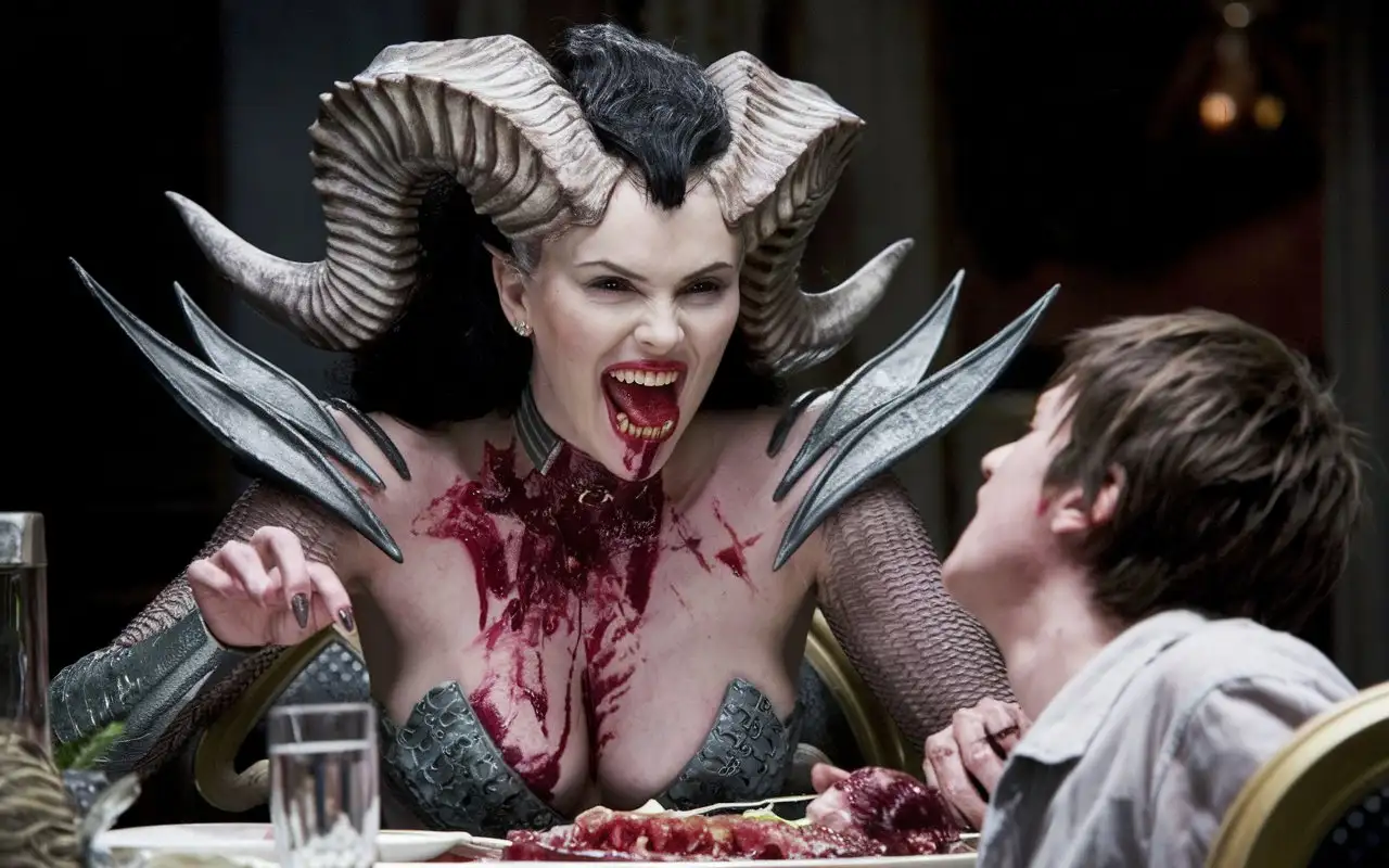 Cinematic-Portrait-of-an-Evil-Beautiful-Monster-Indulging-in-a-Grisly-Feast