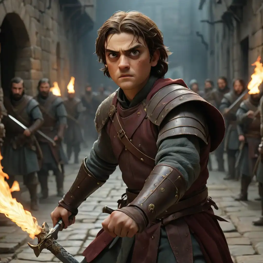 Setting: "The setting takes place in a dark, damp passage outside the dungeon of King's Landing. Several torches hung from the walls, and the faint glow of the fire swayed in the humid air, casting quivering shadows. The atmosphere was tense and oppressive, and there was a sense of imminent danger in the air. "

Character Layout:

Arya Stark: "Arya stood in the center, dressed in plain clothes, her face pale from nervousness, but her eyes were determined and unyielding. She clenched her wooden sword, her hands trembling slightly, and although she was afraid, she still did not flinch, ready to meet the challenge. "
Syrio Forel: "Syrio stood next to Arya, dressed in a loose swordsman's suit, with a calm and focused expression on his face, and a tall figure. His wooden sword swung freely in his hand, the tip of the sword lightly touching the ground, his attitude calm but his eyes sharp, as if ready to deal with the threat in front of him. "
Lannister Guards: "Several Lannister guards formed a semicircle and surrounded Arya and Celio. Dressed in shining armor, they were armed with swords, daggers, and spears, and had grim expressions on their faces. The leader of the guards stood in front of him, sword in hand, and his posture was menacing. Other guards were on all sides ready to attack. "
Expressions & Movements:

Leader of the Guards: "The leader of the Guards wields his sword, sneering and malice in his eyes. He roared loudly, 'Little ghost, hand over the old man beside you, and maybe spare your life!' His tone was vicious and threatening. "
Arya: "Arya replied without fear, 'Don't think! You Lannister lackeys will never get him! Her voice trembled a little, but the firmness in it could not be ignored. "
Syrio: "Syrio softly comforted Arya, 'Be strong, bird.'" Then, he turned to the leader of the guards, and his tone was contemptuous, "Don't you feel ashamed that so many of you have bullied the two of us?" His voice was calm and confident. "
Guard Leader: "The Guard Leader sneered and ordered, 'Stop talking nonsense, do it!' He swung his sword and motioned for the guards to prepare for action. "
Environmental Details:

"The flame of the torch swayed in the clammy air, making a slight crackling sound. The shadows changed with the light of the fire, and there was a slight moisture on the ground, revealing a cold and oppressive feeling. The atmosphere of the dungeon is dreary, and the sound of footsteps and weapons colliding echoes through the passages, as if a conflict is about to break out at any moment. "
"The whole passage is narrow and dark, illuminated only by a few faint fires, giving a sense of oppression, as if every sound is increasing the tension of the situation."
Magical style details: "There are subtle elements of magic running through it. With each swing of his wooden sword, Silio's blade seemed to glow slightly, suggesting his unique swordsmanship. The light of the fire and the light of the sword intertwined, and occasionally a faint blue halo could be seen through the shadows around Arya and Celio, symbolizing their tenacity and perseverance in this dangerous environment. "

Lens arrangement:

Panorama Shot: "The panorama shows the entire standoff scene, with Arya and Celio surrounded by Lannister guards, and the whole scene is filled with tension. The camera highlights the positional relationship between the two sides – the confrontation between two people and multiple enemies, highlighting their vulnerability and determination in this narrow passage. "
Close-up: "The close-up focuses on Arya and Celio's faces, showing their respective mood changes. Arya's eyes were full of determination, and Celio's face was calm and determined, showing that he took the threat in stride. "
Medium shot: "The camera cuts to the movements of the Lannister guards, especially the menacing movements of the leader of the guards wielding their swords, and the menacing postures of the guards holding their weapons. The camera switches back and forth between the two sides, highlighting the tension and the possibility of conflict erupting at any moment. "