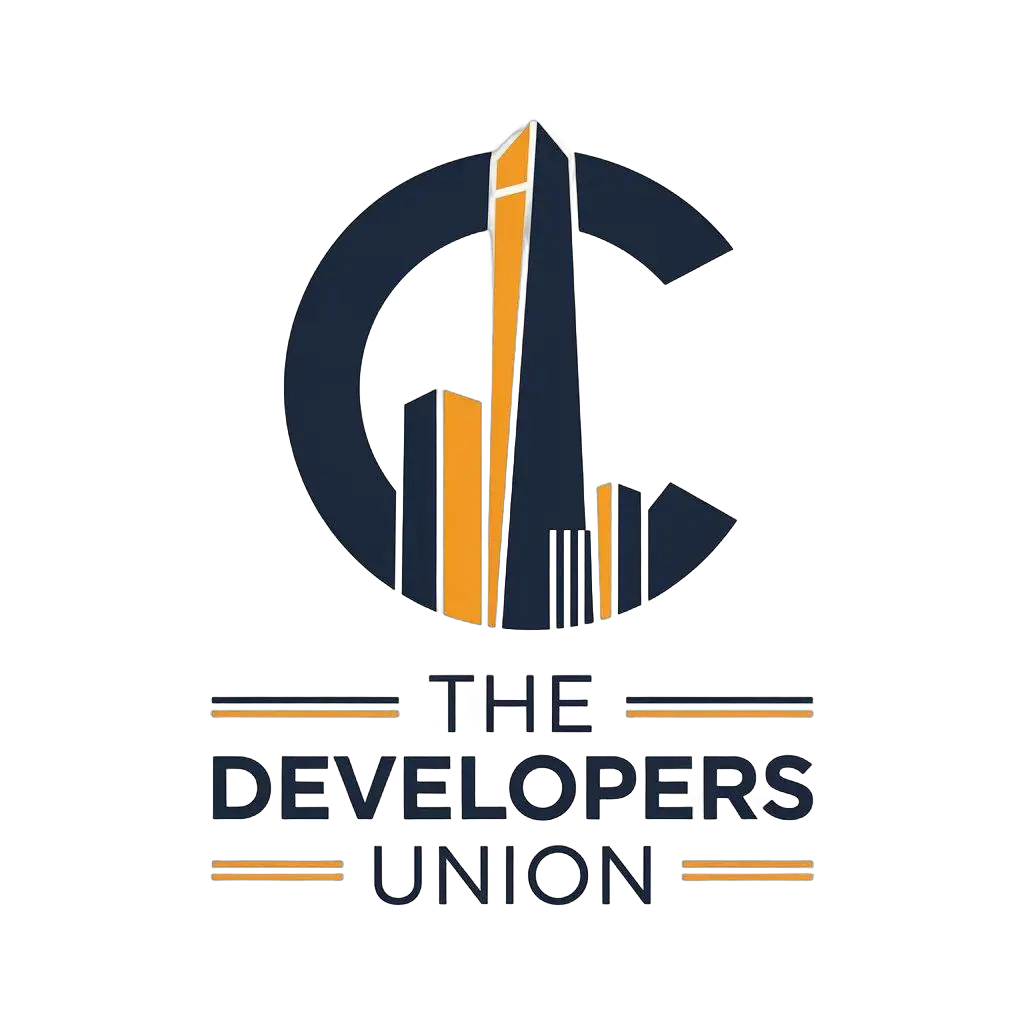 a vector logo design,with the text "The Developers Union", main symbol:Skyscraper in vector format, around it letter C,Moderate,clear background