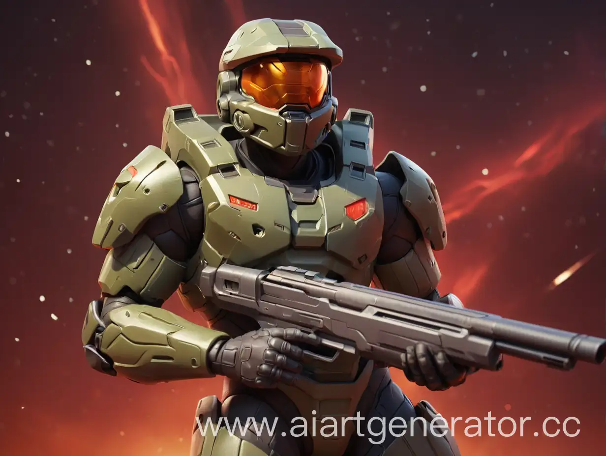 Master Chief from Halo with shotgun in his hands, red space background, Unreal Engine