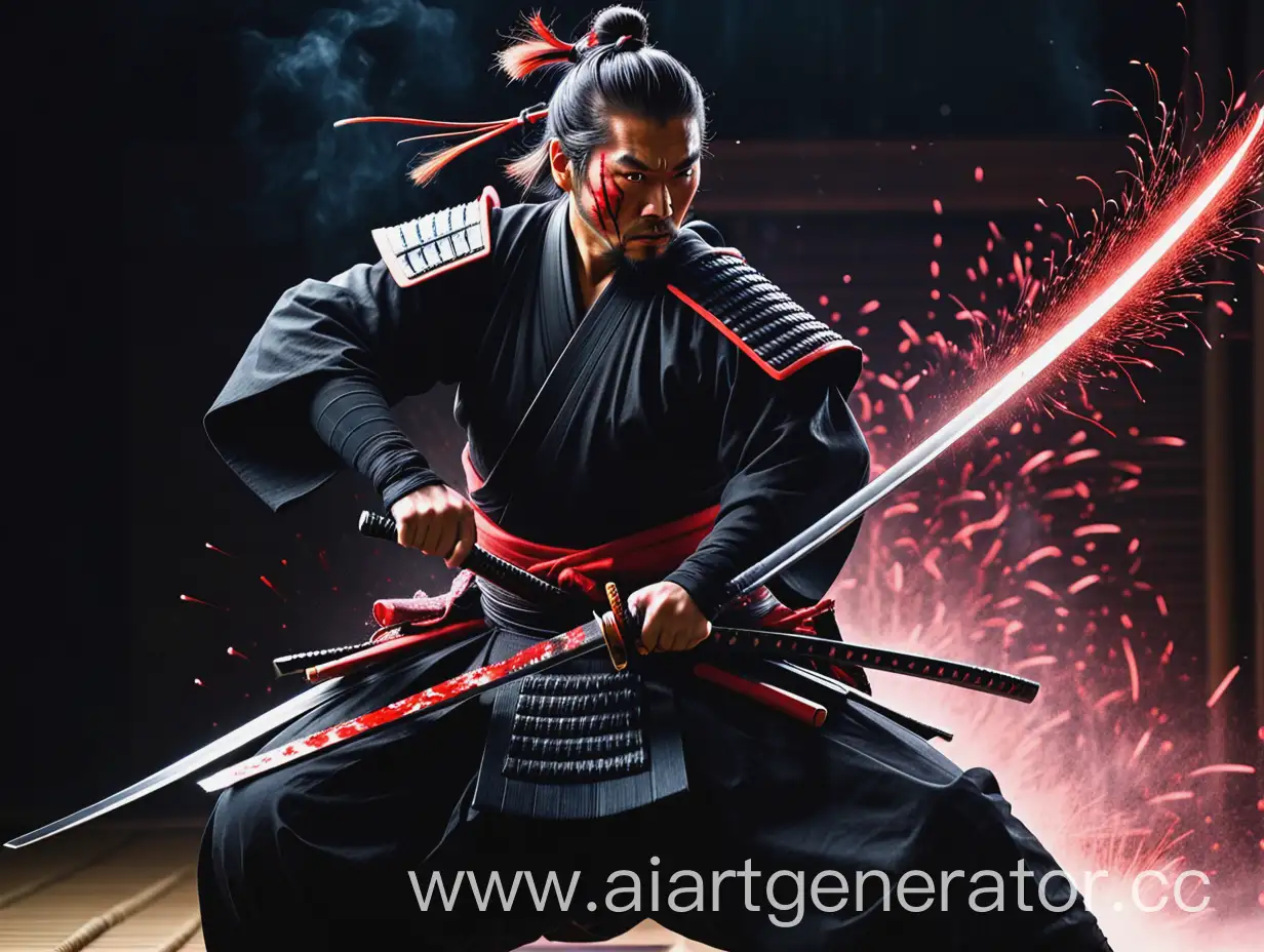 Samurai-in-Black-Clothing-Slicing-Air-with-Long-Sword-and-Red-Sparks