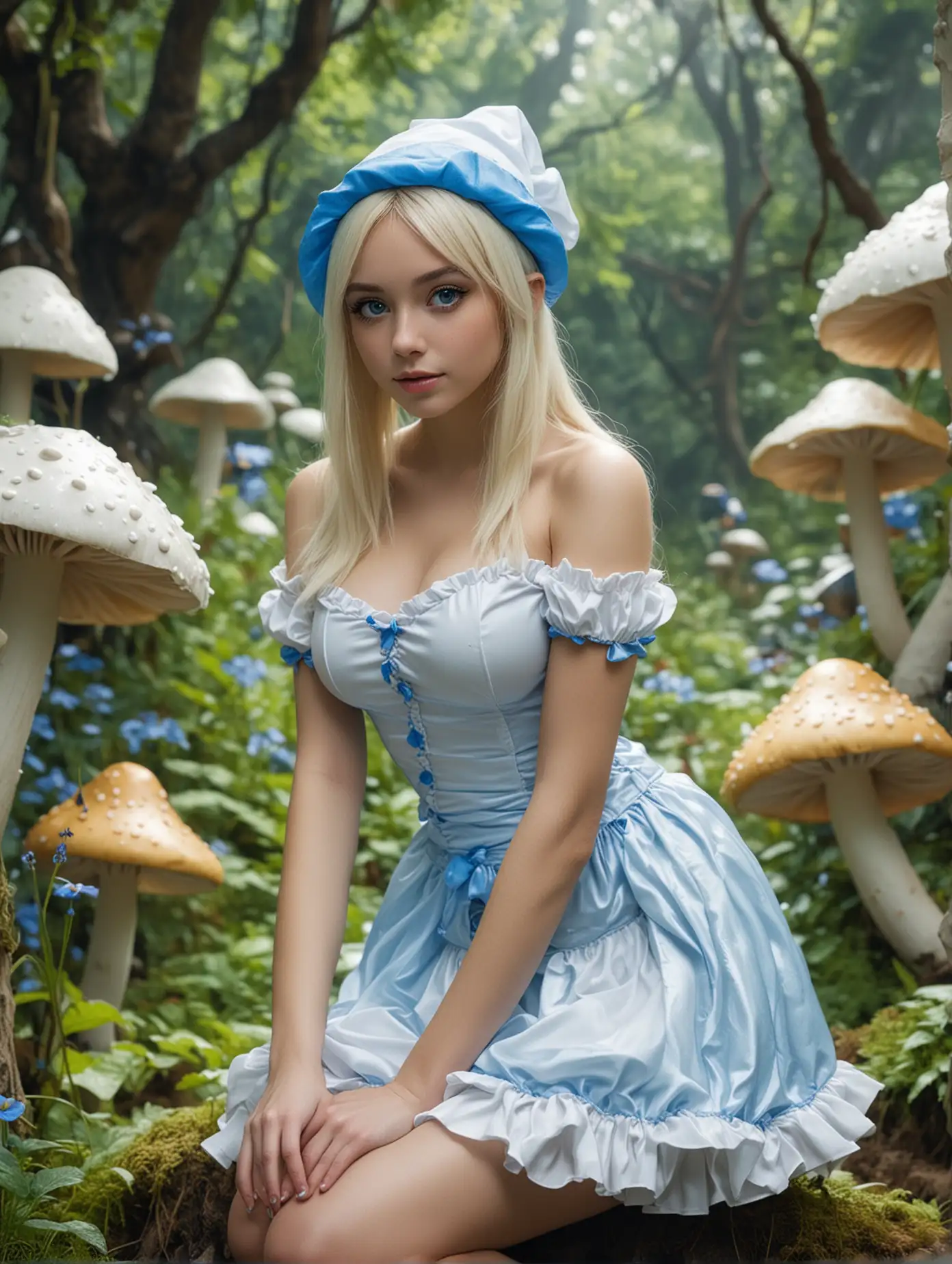 Anime semi realism, Beauty anime blonde girl was cosplaying as smurfette, she has a blue skin and superb cleavage, she wears white mini dress and white tiny hat, sitting on giant mushroom in fairy land background