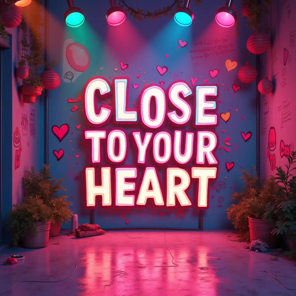 A vibrant, dynamic scene of a colorful TikTok logo against a bright backdrop, with bold text close to the heart' in a playful font, surrounded by playful doodles representing unexpected video ideas, colorful lighting.