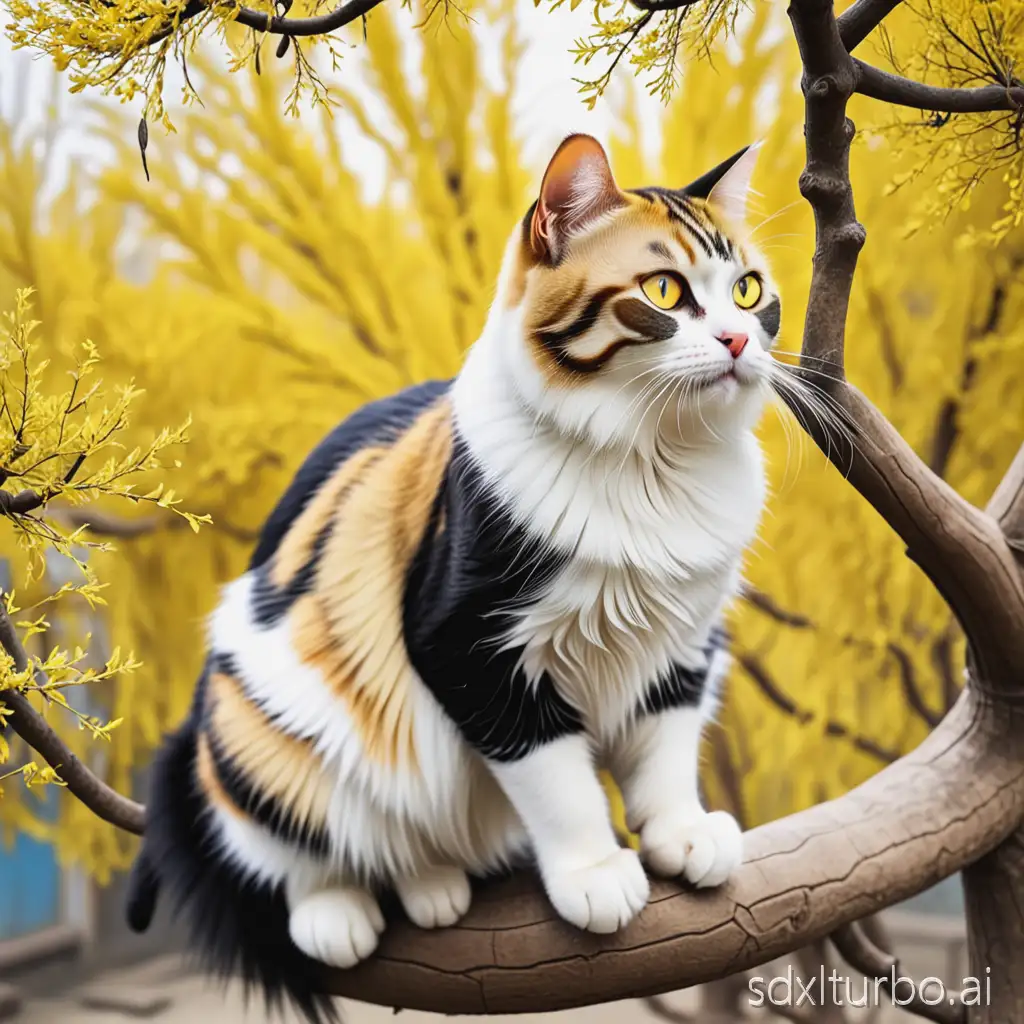 Lixing cat on the tree (Lixing cat is a kind of Chinese farm cat, with yellow, white and black fur)