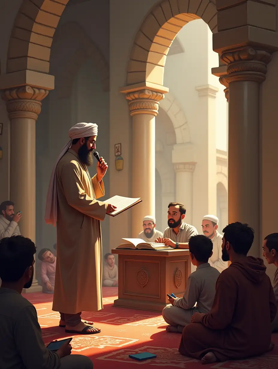 An illustration of a scholar explaining evidence to his students at a mosque.