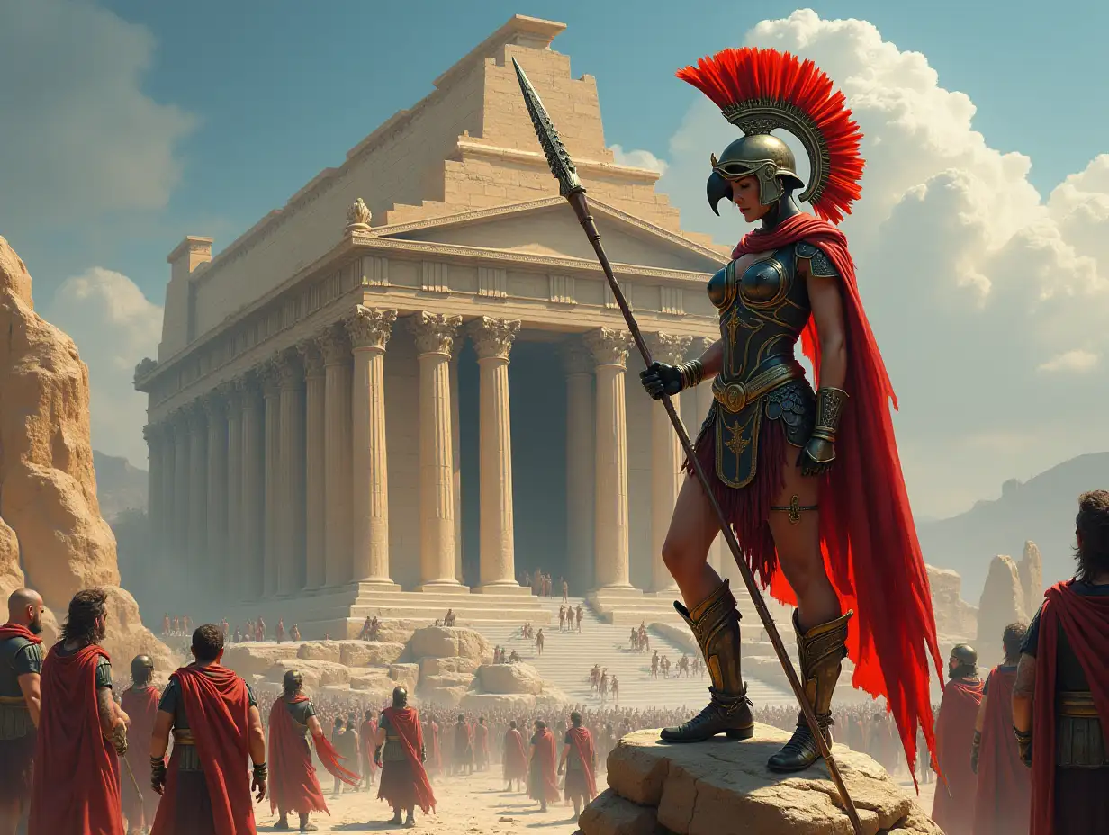 Ultradetailed hyperrealistic portrait of a woman with parrot body and Spartan armor standing on a rock on a rock and a spear in her hand before a large temple with many people elaborately detailed, colorful