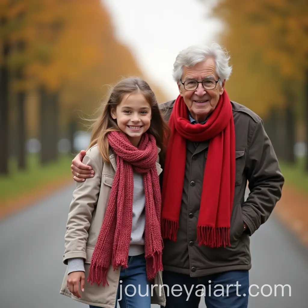 Beautiful-Girl-with-Red-Scarf-Walking-Alongside-Her-Grandma-on-the-Road