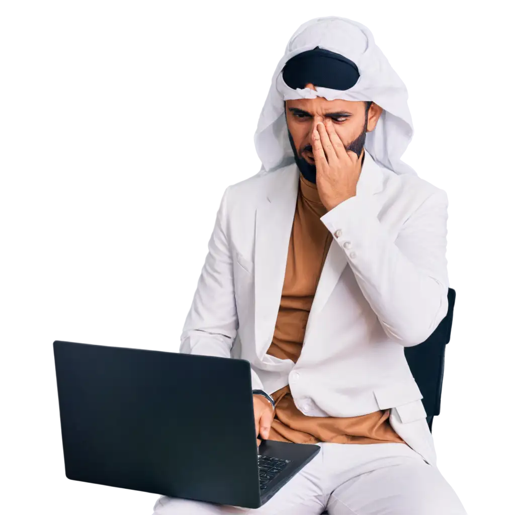 Panic-Stricken-Arabic-Man-in-White-Arabian-Suit-Sitting-with-Laptop-PNG-Image