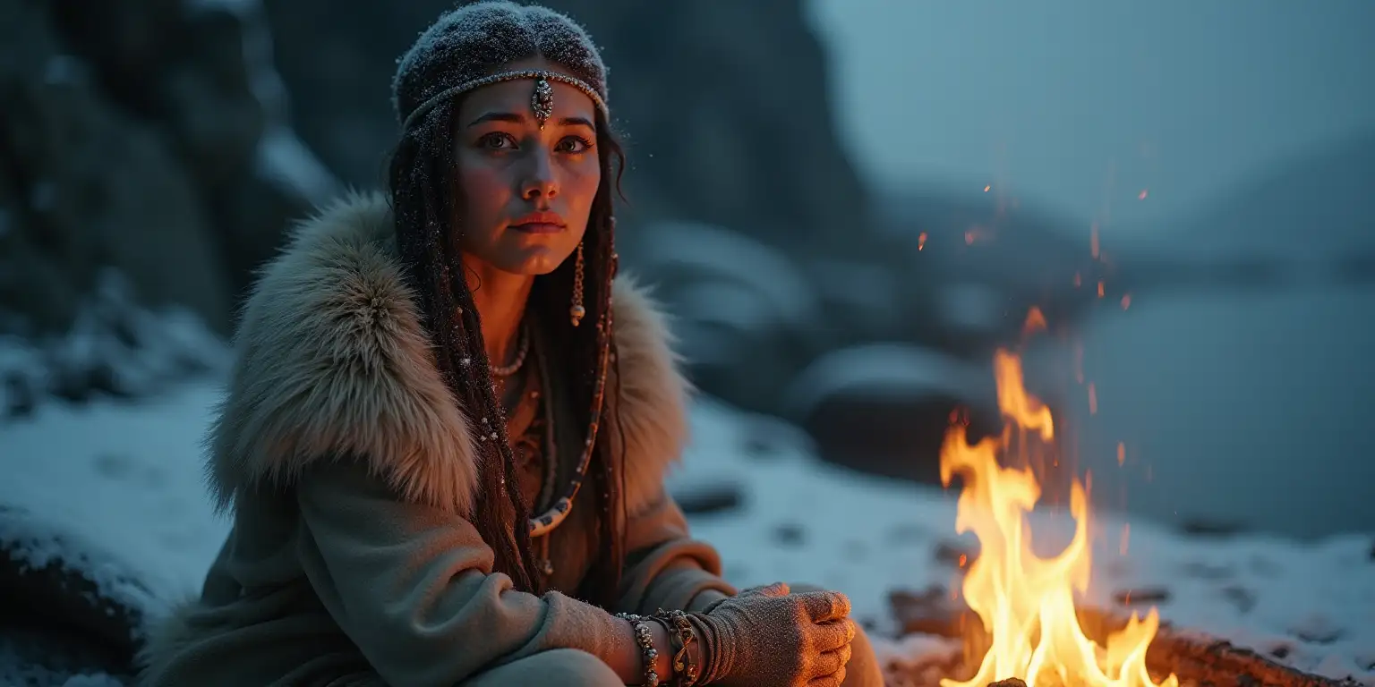 Ice Age Woman Portrait by Campfire in Ultrarealistic Style