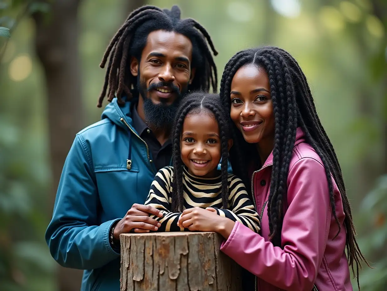 AI-fantasy family, man,woman,children with Bob Marley face with and blue and pink leather mantle, zebra pattern stands on a tree stump in 4k