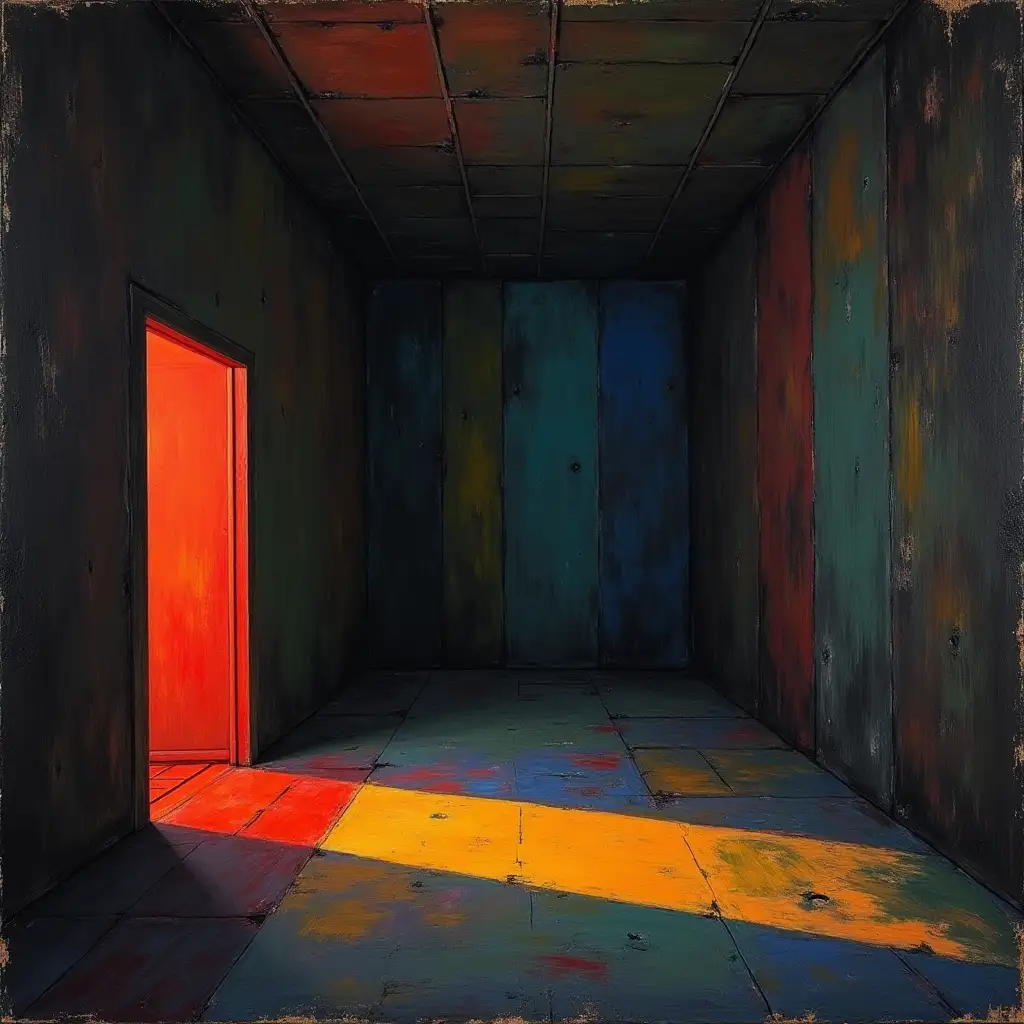 a dark interior picture in the style of Kandinsky and Malevich, minimalism, with many multicolored stripes and more details