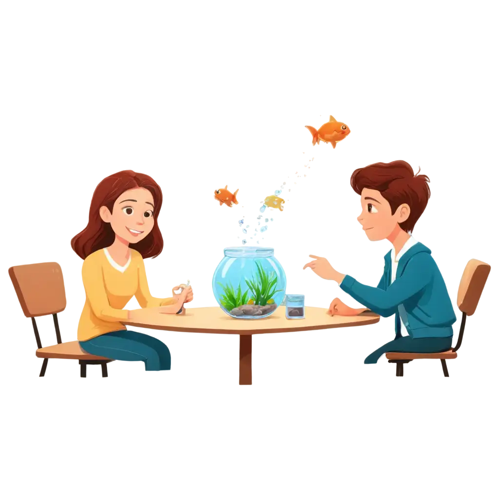 cartoon png, 3 students talking at the round table where there is a small fish tank on it and a cat is trying to catch the fish