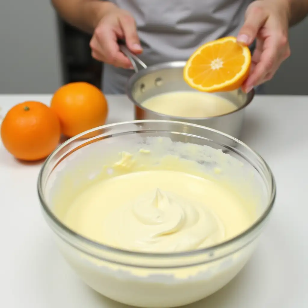 On a white countertop with clean and warm lighting, the chef heats up fresh orange juice in a small saucepan. Previously soaked gelatin leaves are carefully dissolved in the hot juice. In a separate bowl, liquid cream is whipped with powdered sugar until soft peaks form. Finally, both ingredients are gently mixed together, creating a light and creamy mousse.