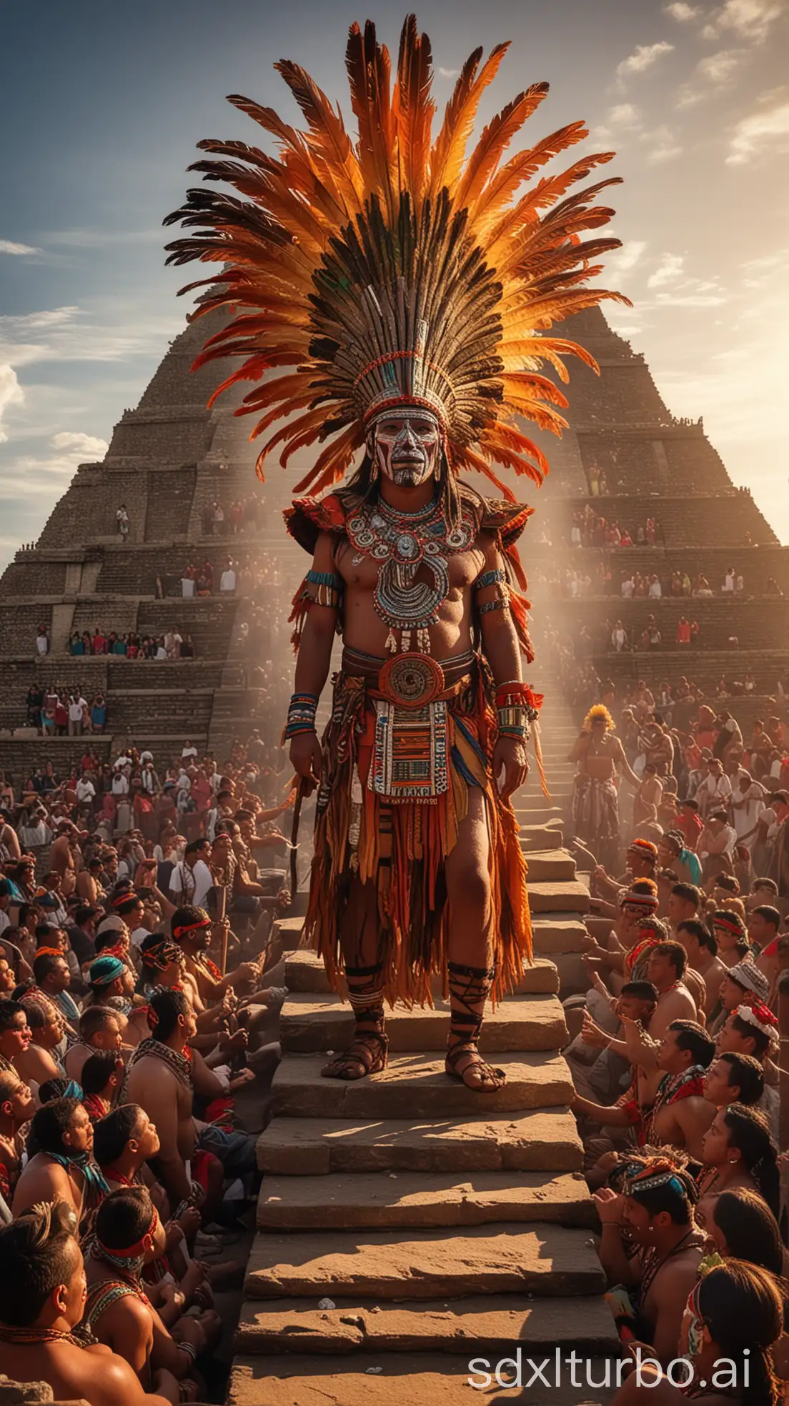 A vivid scene of an Aztec sacrificial ceremony at the top of a grand pyramid temple. Aztec priests, dressed in colorful feathered headdresses and elaborate robes, prepare a warrior for sacrifice, with a crowd gathered below. The sky is bright with the rising sun, symbolizing renewal and power. The image should feel intense, with vibrant colors, intricate patterns, and a sense of reverence toward the sun god.