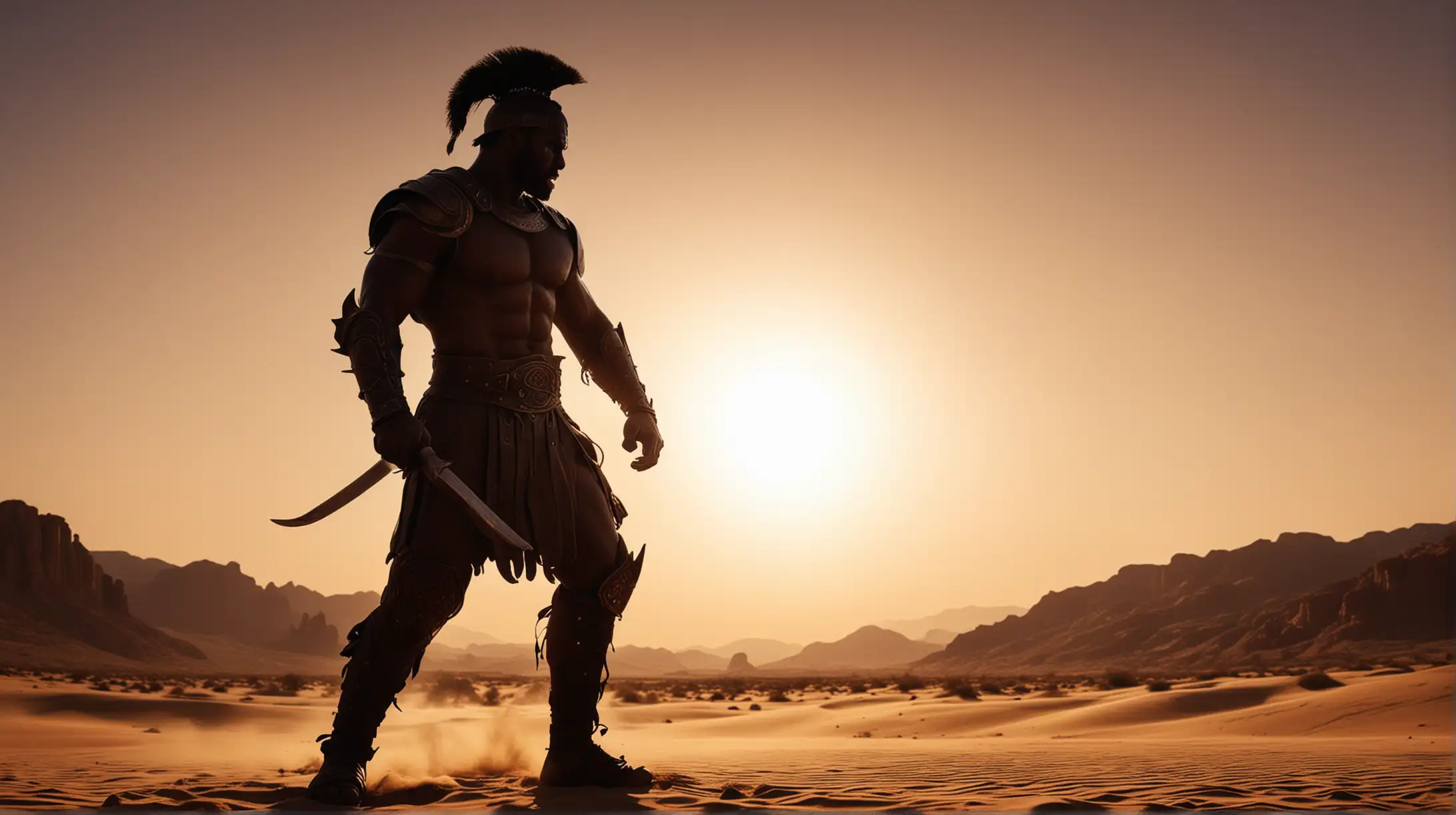 Muscular Male Gladiator Silhouette at Sunset in Desert