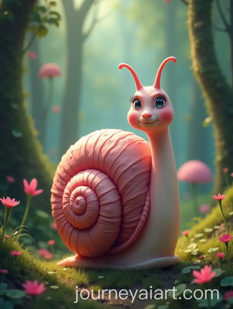Enchanting-Journey-of-a-Little-Pink-Snail-in-a-Magical-Forest