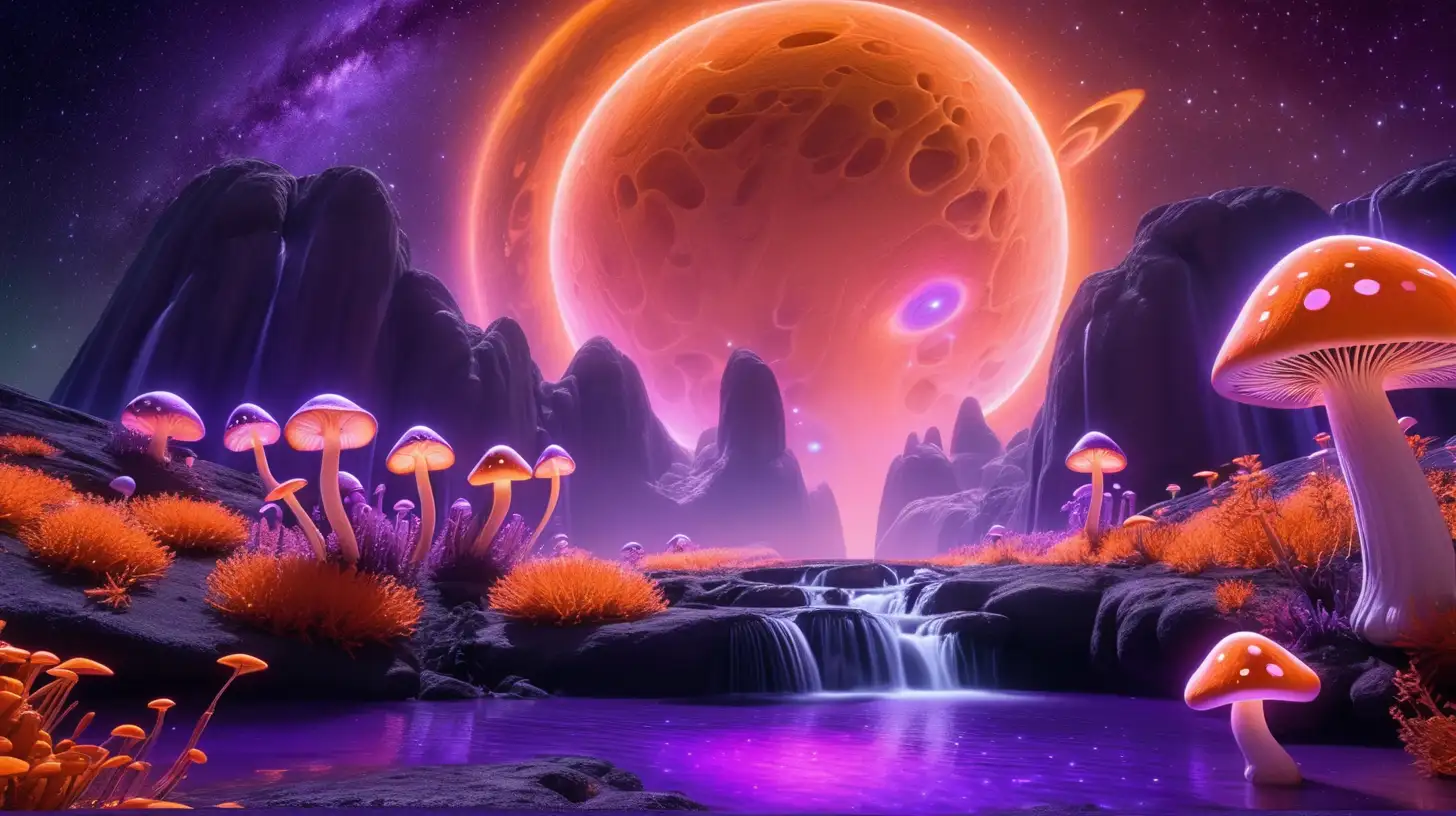 Enchanted Mushroom Forest with Glowing Lake and Celestial Sky