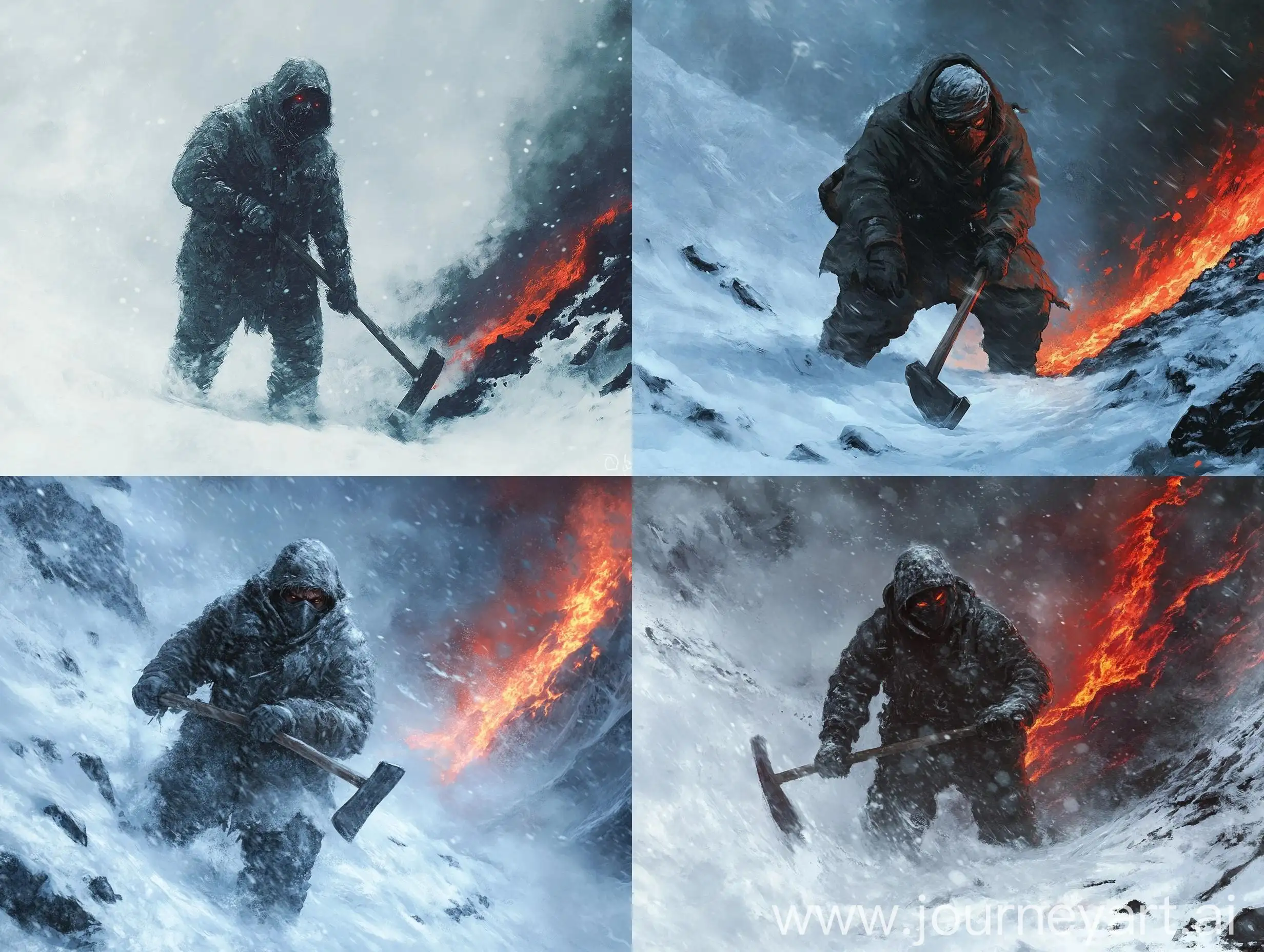 Winter-Miner-Extracting-Coal-Amid-Blizzard-and-Lava-Eruption