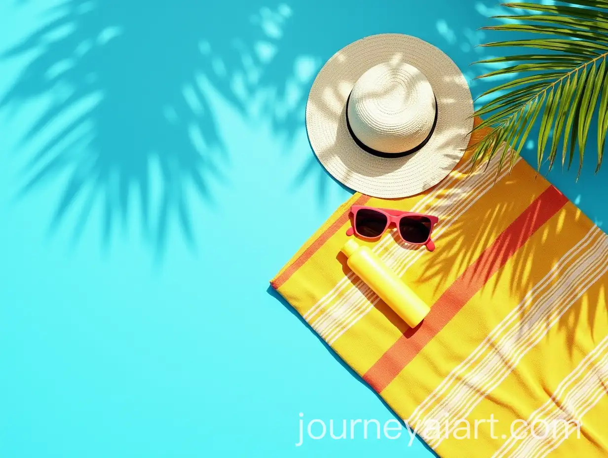 Beach-Towel-with-Straw-Hat-Sun-Cream-and-Sunglasses-Under-Palm-Tree-Shadow