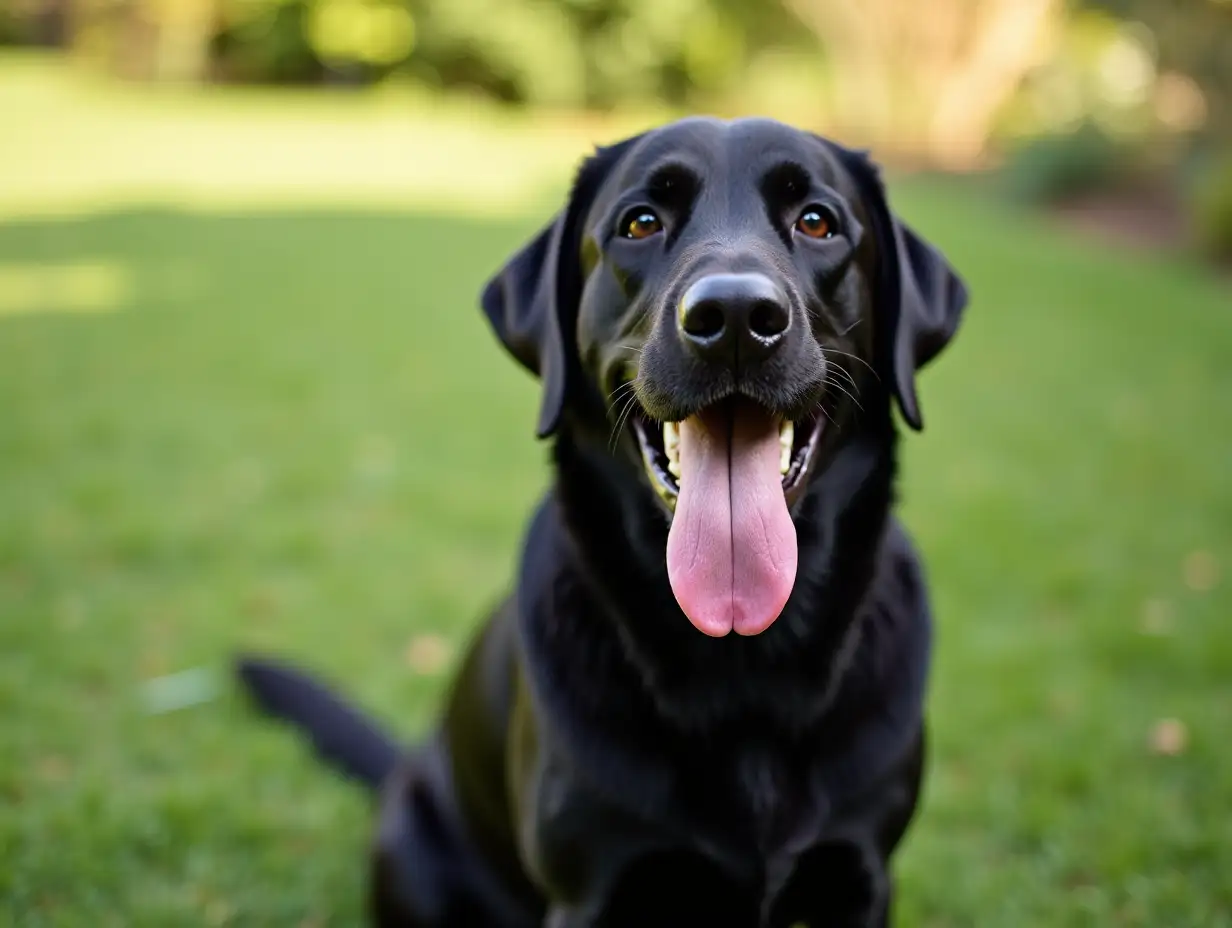 happy black Labrador Retriever dog sitting in back yard garden