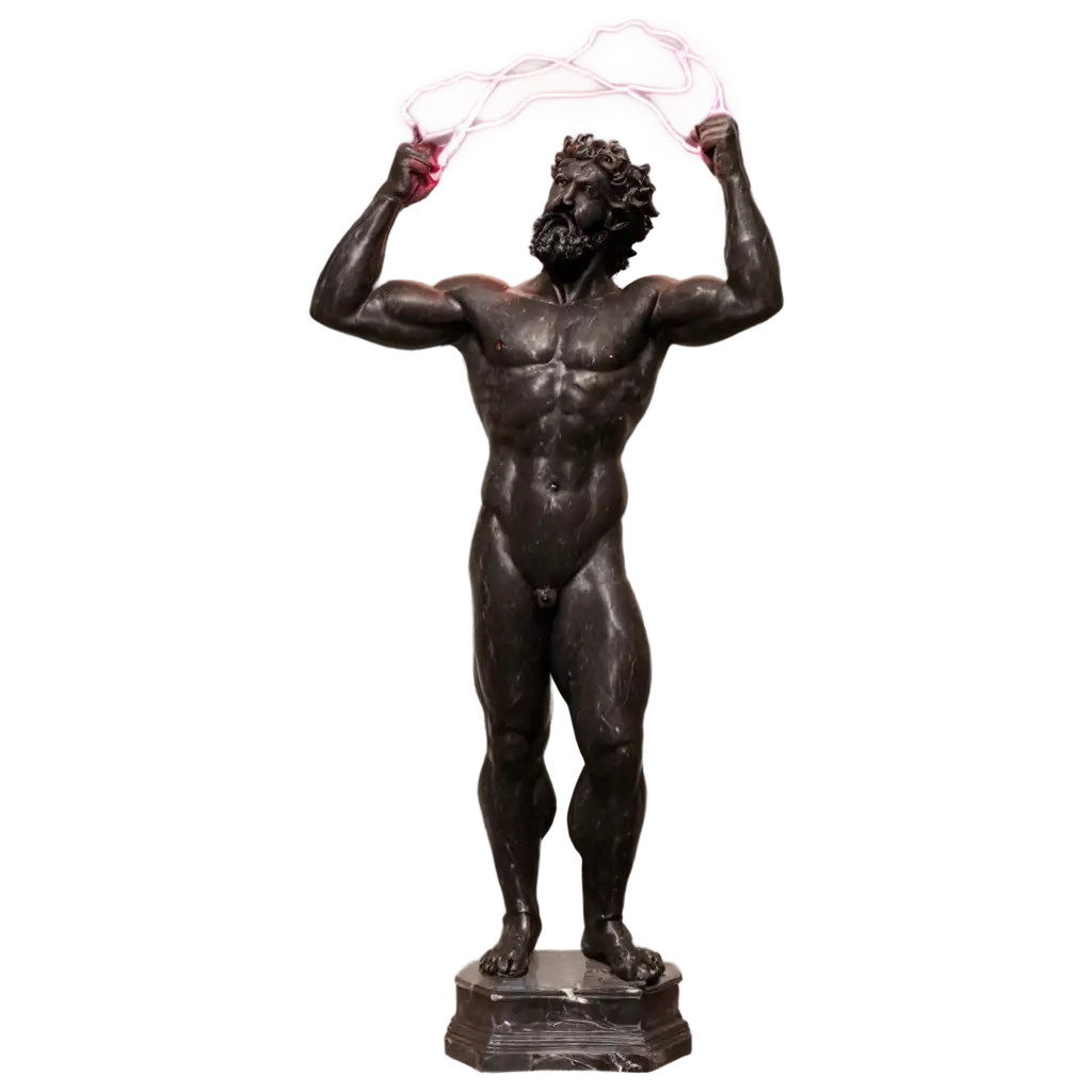 antique sculpture of Zeus, made of black marble, holding a ball of lightning in his hands above his head, with a crimson light behind, around the lightning