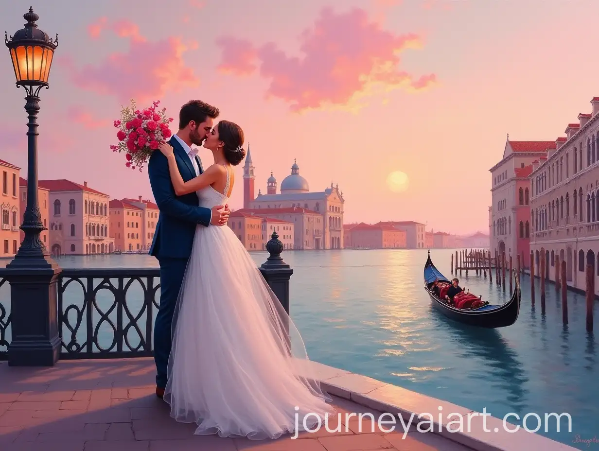 Elegant-Couple-Embracing-on-a-Venetian-Bridge-at-Sunset