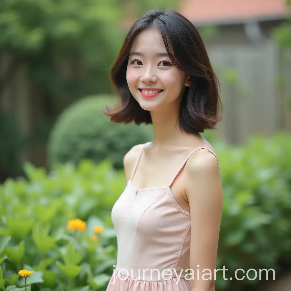 Cute-Asian-Girl-in-a-Garden-Wearing-a-Petite-Dress