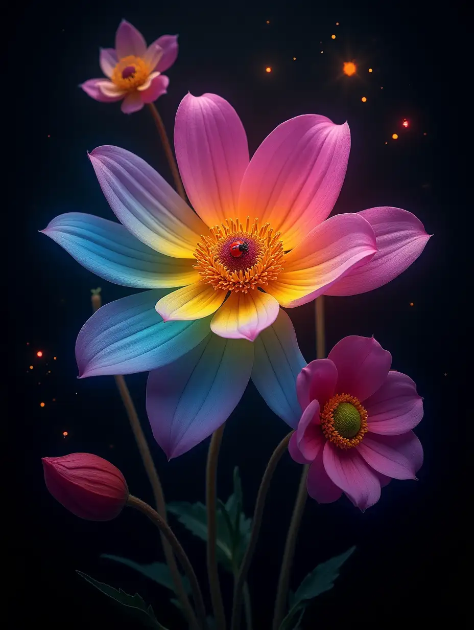 fantastic rainbow flowers, mysticism, jasmine, orchid, geranium, begonia, poppies, daisies, lotus superdetalization, close-up, threads, twigs, on a black background, with elements of mysticism, one ladybug, neon light in the center of flowers, dim lighting