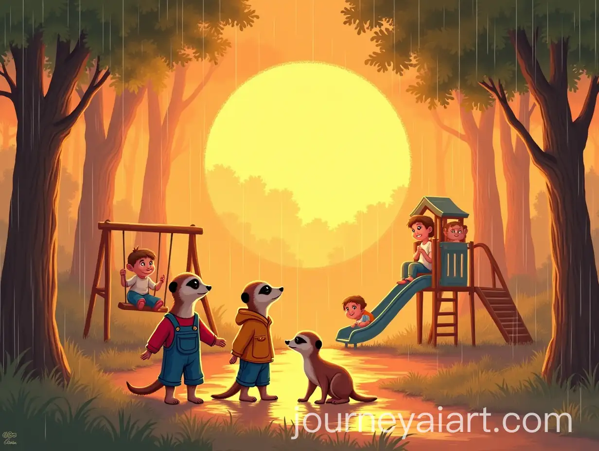 Children-Playing-in-Rainy-Forest-Playground-at-Golden-Hour