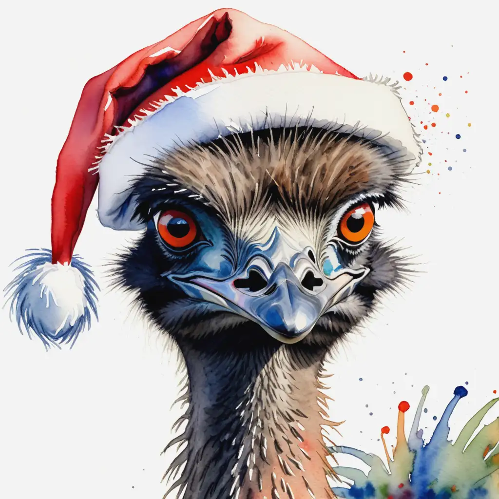 Colorful Emu in Santa Hat Watercolor Painting