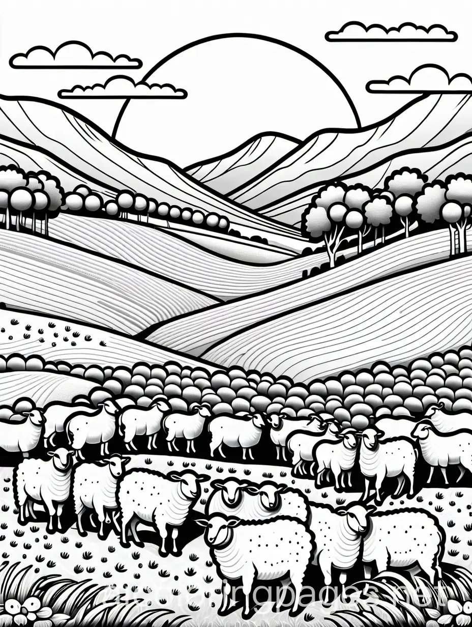 sheeps on a farm, Coloring Page, black and white, line art, white background, Simplicity, Ample White Space